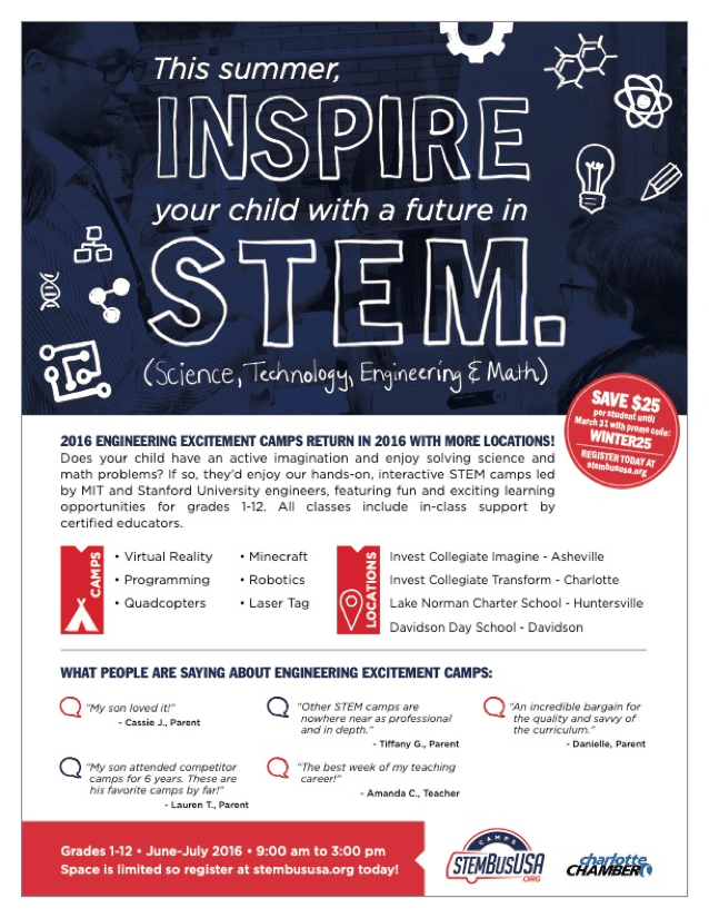 STEMbusUSA summer engineering and STEM camp promotional flyer